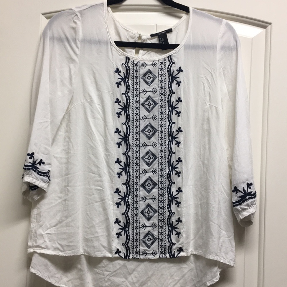 Navy & white embroidered top. Size small.
